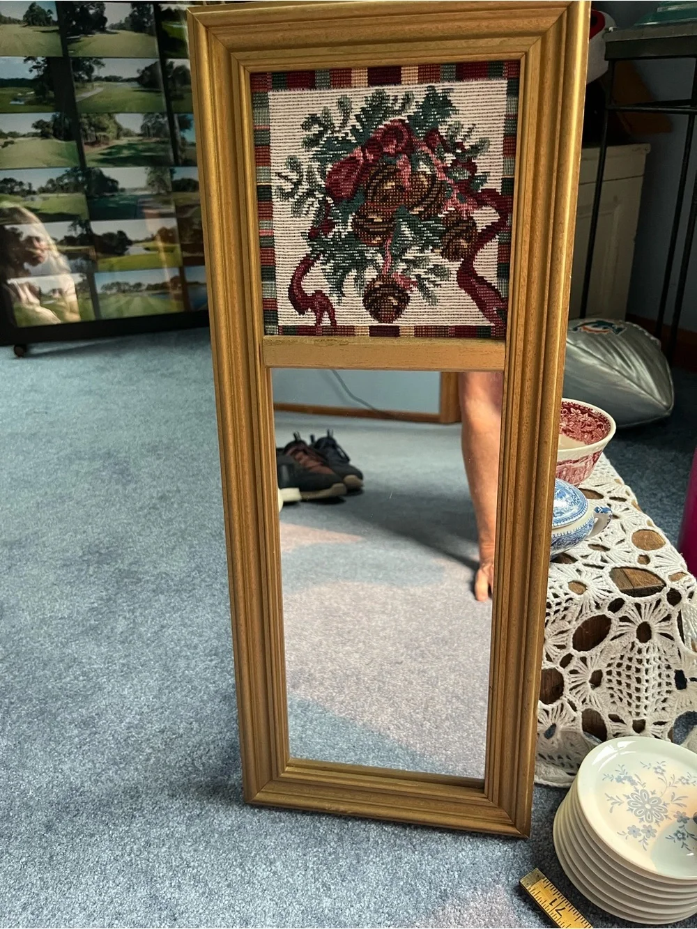 Gold Framed Wall Mirror with Floral Needlepoint Tapestry Accent
